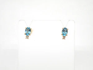 Authentic 14k Yellow Gold, Oval Blue Topaz, Diamond Stud Earring - Picture 1 of 7
