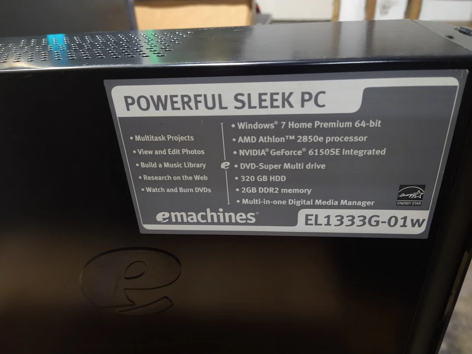 eMACHINES EL1333G AMD Athlon 2580e 2gbram Full desktop NO HDD Tested on WIN 10 - Image 1 of 4