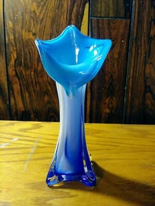 Vintage Hand Blown Art Glass Tulip Trumpet Bud Vase 8" Blue And White - Picture 1 of 9