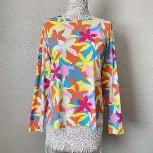 Lands End Sz L 14 16 Colorful Floral Retro Crew Swim Tee Rash Guard Long Sleeves - Picture 1 of 10
