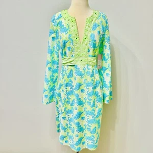 Lilly Pulitzer Dress Women M Green Blue Cotton Midi Cottagecore Boho Vintage Y2K - Picture 1 of 16