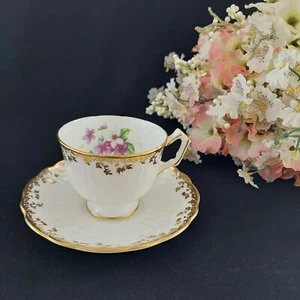 Aynsley Teacup and Saucer White with Purple Violets Flowers, Embossed Petals - Picture 1 of 12