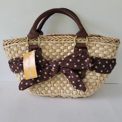 Bolso de Mano Tejido Straw Studios Cartera Forro con Cordón Tela a Lunares Arco Nuevo con Etiquetas Foto 1 de 4