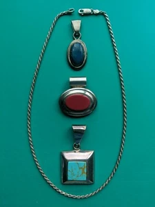 Sterling Silver 925 Necklace 3 Pendants Turquoise Lapis Lazuli Red Coral Mexico - Picture 1 of 11