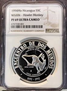 1994 NICARAGUA SILVER 5 CORDOBAS HOWLER MONKEY NGC PF 69 ULTRA CAMEO TOP POP - Picture 1 of 3