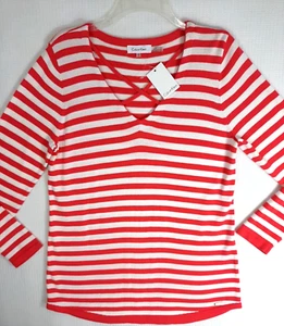New Calvin Klein Women's M Sweater Top Criss Cross V Neck Red Pink White Striped - Picture 1 of 17