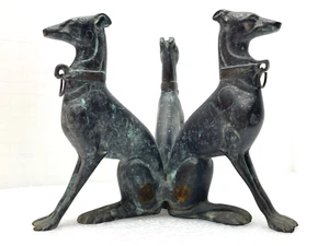 MCM HUND BUCHSTÜTZE METALL PATINA WINDHUND WHIPPET HUND TRIO VINTAGE - Bild 1 von 24