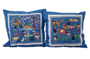 2 Vintage Hmong Textil bestickt Patchwork Story Wandteppich Lendenwirbel Kissen 15" - Bild 1 von 12