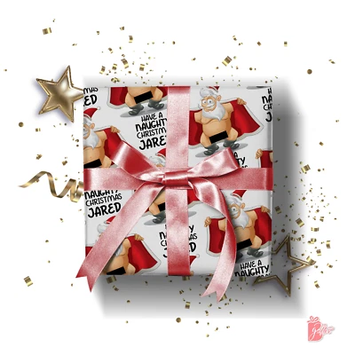 Name Personalized Christmas Gift Wrap Roll Naughty Naked Old Fat Santa Gift Wrap - Image 1 of 4