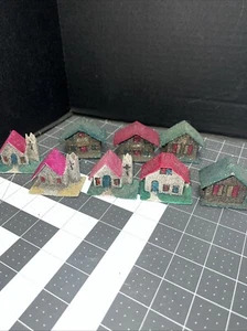 8 Vintage Putz Cardboard Color Glitter House Village Christmas Ornaments Japan - Picture 1 of 3