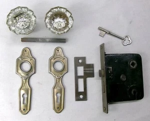 Antique Vintage Door Set Art Deco Backplates Glass Knobs Mortise Lock Key - Picture 1 of 9