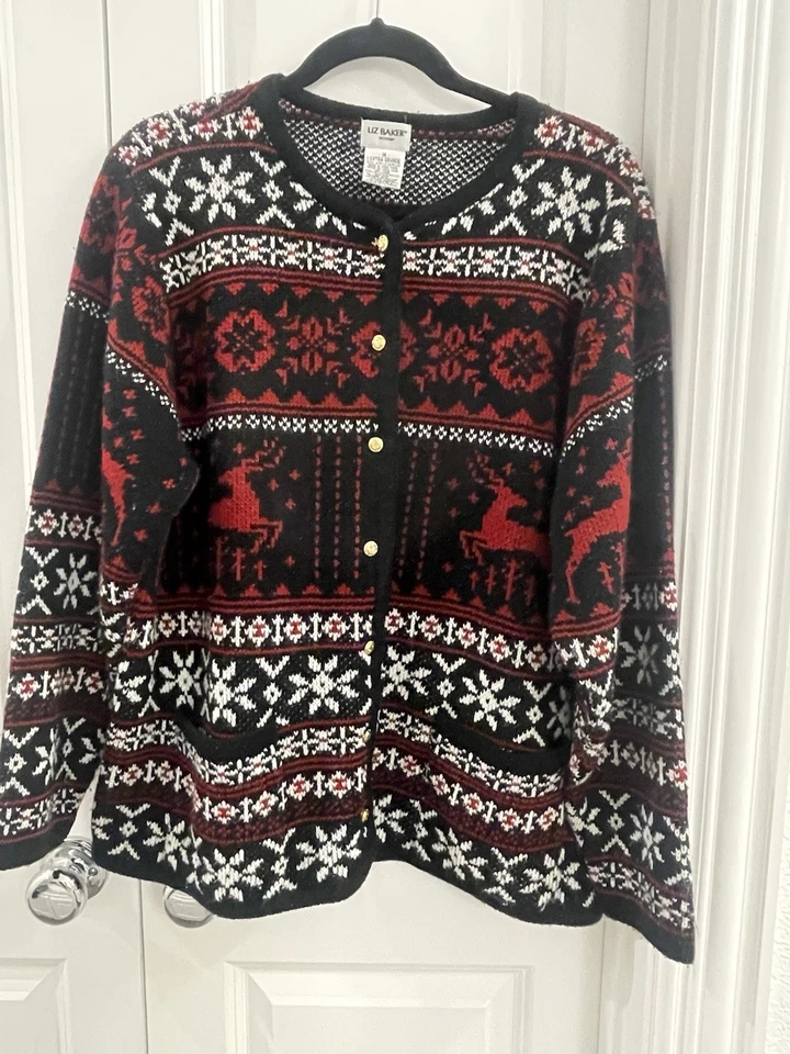 De Colección Liz Baker Cárdigan Suéter Para Mujer 1X Rojo Negro Grueso Tejido Invierno Navidad Foto 1 de 4