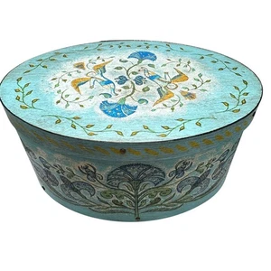 Hand-Painted Wilton-Lee Ltd. Blue Oval Bentwood Box Folk Art Angel Floral Vtg - Picture 1 of 15