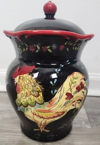 April Cornell Black Red Rooster 10.5" Canister W/ Lid - Picture 1 of 7