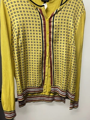 Cárdigan suéter amarillo estampado Talbots para mujer con botones geométrico talla L Foto 1 de 4