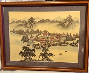 VINTAGE CHINESE LANDSCAPE 15"x18.5" WATERCOLOR PAINTING ON SILK, MATTED & FRAMED - Picture 1 of 8