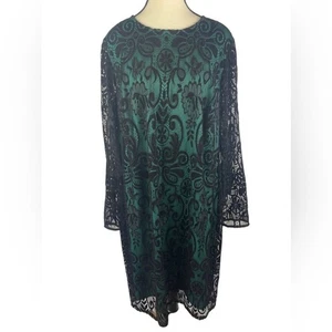 Julia Jordan smaragdgrün/schwarz Blumen transparent Langarm Midikleid Gr. 20W - Bild 1 von 7