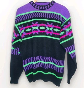 Vintage Demetre Day Glo Black Light Neon Ski Sweater in Men's Medium - Picture 1 of 6