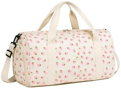  Bolsa de viagem para meninas crianças fofa bolsa de ginástica com sapatos veludo morango bege - Imagem 1 de 4