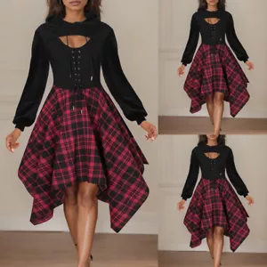 Women Plaid Irregular Hollow Hooded Midi Dress Ladies Long Sleeve Party Gowns - Picture 1 of 15