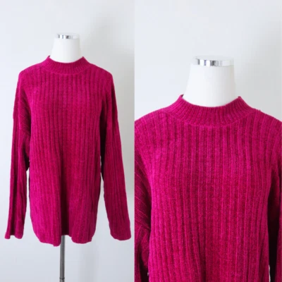 Vintage 1990s Talbots Kids XL Chenille Rib Knit Sweater Rayon Fuchsia Pink - Image 1 of 4