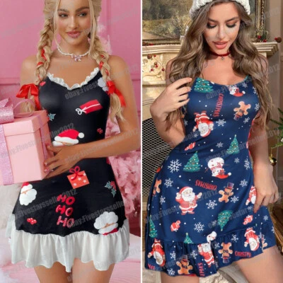Sexy Lencería Navidad Seda Babydoll Ropa de dormir Para mujeres Papá Noel Juegos con disfraces Camisón Foto 1 de 3
