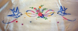 Vtg Full FLAT SHEET Floral Bluebird Handmade Cross Stitch Dan River heavy Cotton - Picture 1 of 6
