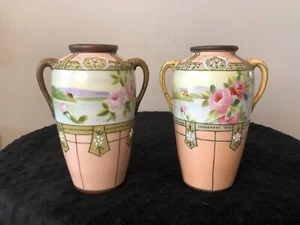 Pair of Antique Nippon Two Handled Vases, Morimura, Moriage Japan, 6" tall - Picture 1 of 11