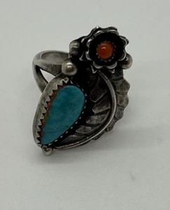 Vintage Navajo Handmade Sterling Silver Turquoise Coral Leafy Ring Size 6-6.5 - Picture 1 of 7