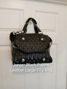 Jaeger Large Iconic Tilly Quilted Black Patent Leather Handbag Tote Bag Silver - Picture 1 of 10
