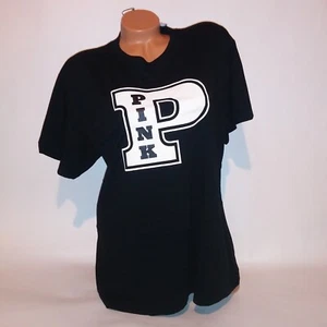 Victoria Secret PINK T Shirt Black Cream Logo Crew Neck Short Sleeve Campus Tee - Picture 1 of 12