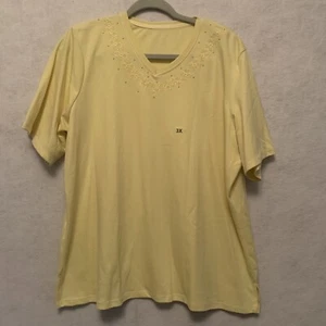 Allison Daley Top Womens 3X Plus Yellow Pullover Embroidery Sequins SS - Picture 1 of 9