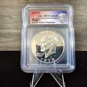 1974-S Eisenhower Ike Silver Dollar PR70 DCAM ICG Austin Hutto Signed - Picture 1 of 3