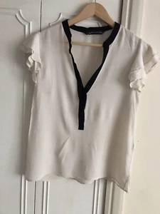 Ladies Zara Woman Top Blouse With Black Details 100% Viscose White - Picture 1 of 8
