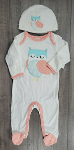 Baby Girl New Starting Out 6 Month 2pc White Owl Footed Outfit & Hat