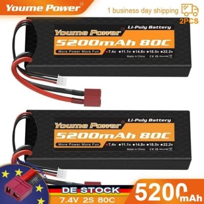 2x 7,4V 2S 5200mAh 80C Lipo Akku Batterie Hard case Deans für RC Auto LKW Akku - Bild 1 von 4