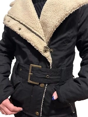 Barbour International Coat Jacket UK 8 Zip Black Faux Sheepskin Matlock Waxed - Image 1 of 4