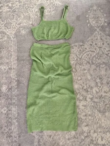 Knit Crochet Two Piece Set Crop Top Long Skirt Kelly Green Size M Stretchy - Picture 1 of 11