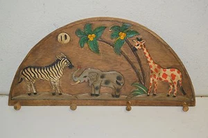 Vintage Hand Carved Painted African SAFARI Animals Children's Coat / Hat Rack - Picture 1 of 11