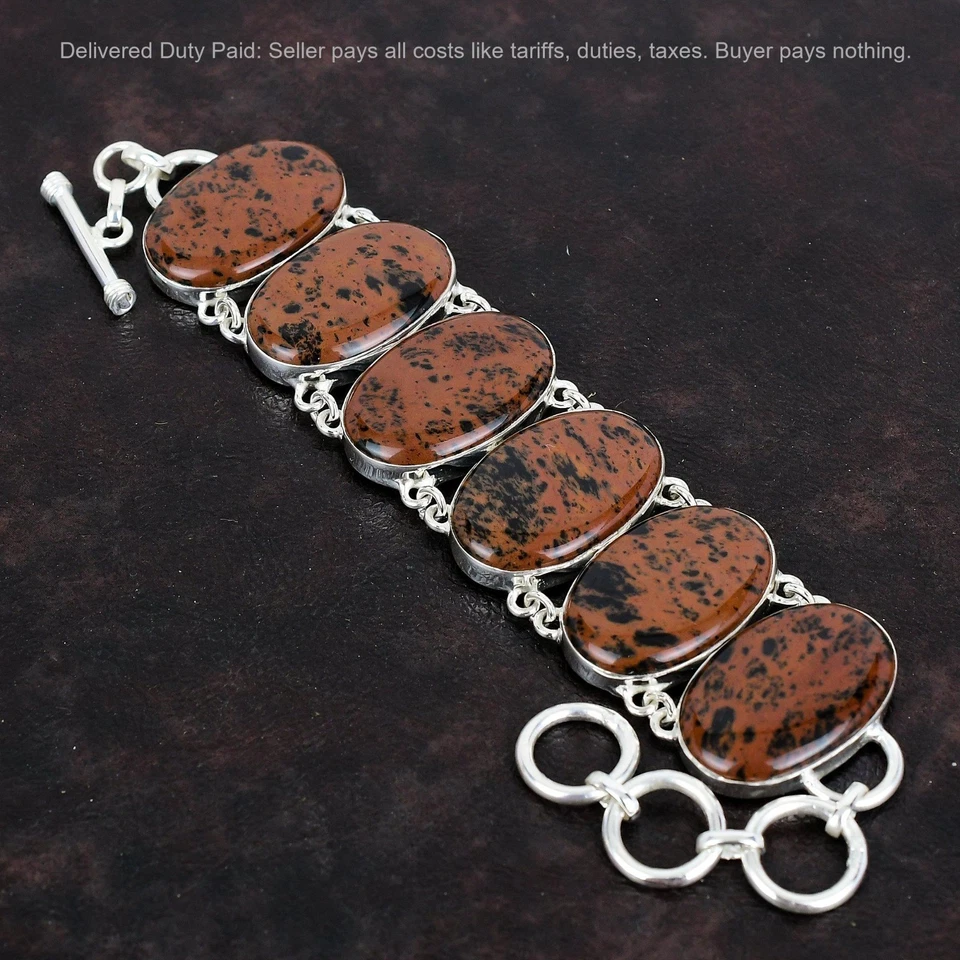 Brazalete de obsidiana de caoba de plata de ley 925 ajustable de piedras preciosas reales Foto 1 de 4