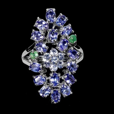 Anillo de plata de ley 925 ovalado tanzanita esmeralda piedras preciosas naturales joyería talla 9 Foto 1 de 4
