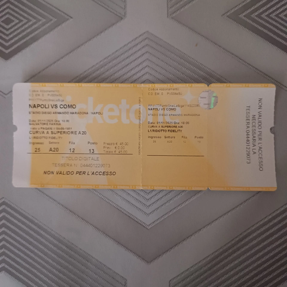 BIGLIETTO " NAPOLI-COMO " - 01/11/ 2025 - CURVA A SUPERIORE A 20 - USATO - - Immagine 1 di 1