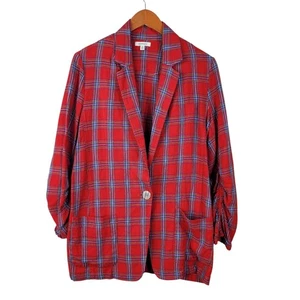 Vintage 90s Max Studio Plaid Linen Blazer Size Large Jacket Red Ruched Sleeve - Picture 1 of 8
