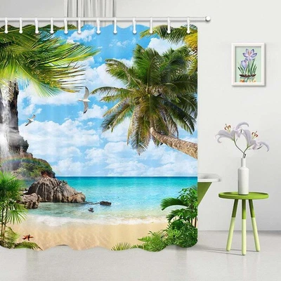 Tropical Beaches, Palm Trees, Seagulls, Blue Skies White Clouds Shower Curtain - Image 1 of 4