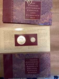 1993 Jefferson Coin and Currency C&C Set, matte proof nickel, silver dollar + $2 - Picture 1 of 4