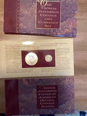 1993 Jefferson Coin and Currency C&C Set, matte proof nickel, silver dollar + $2 - Image 1 of 4