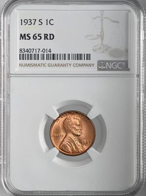 1937-S  1C LINCOLN WHEAT CENT "SAN FRANCISCO MINT" NGC MS65 RD (RED)#8340717-014 - Image 1 of 4