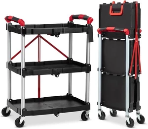 Portable Folding Service Cart, 3 Tier Folding Utility Cart, Collapsible Cart - Picture 1 of 7