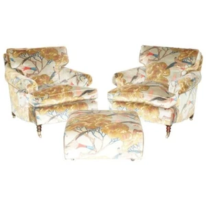 NEW PAIR OF RRP £17,800 GEORGE SMITH FLYING DUCKS ARMCHAIRS & OTTOMAN FOOTSTOOL - Picture 1 of 21