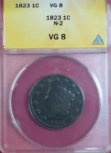 1823 LARGE CENT N-2 ANACS VG8 - Picture 1 of 4